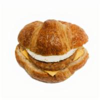 Croissant Breakfast (Cheese, Egg & Sausage) · Croissant buns, American cheese, egg, and sausage.