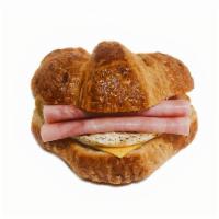 Croissant Breakfast (Cheese, Egg & Ham) · Croissant buns, American cheese, egg, and sliced ham.
