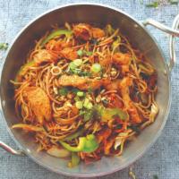 Blazing Noodles · Chili seared soy sauce, scallions, cabbage, carrots, bell peppers, & onions.