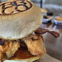 Yard Bird Sandwich · Deep-fried chicken breast topped with crispy bacon, mayo, lettuce, tomato, red onion, and pi...