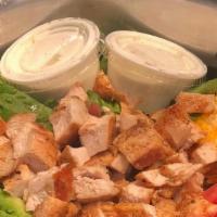 Bird In A Bowl · Grilled chicken breast, tomato, cheese, red onion and your choice of dressing.