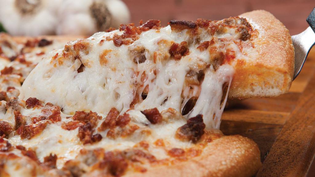 All-Meat Combo Pizza (Individual) · Pepperoni, ham, beef, sausage, Italian sausage, bacon bits, and  100% real mozzarella cheese. Cal. per slice (individual 190 cal.).