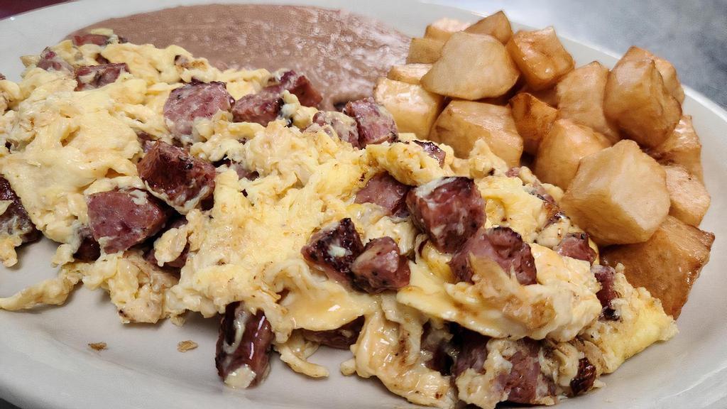 Sausage And Egg Plate · SAUSAGE AND EGG MIXED SERVED WITH BREAKFAST POTATOES, REFRIED BEANS AND TWO TORTILLAS ON THE SIDE.