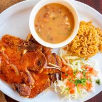 Pork Chop Ranchero · TWO PIECES OF GRILLED PORK CHOP TOPPED WITH RANCHERO SAUCE, SERVED WITH CHARRO BEANS, RICE A...
