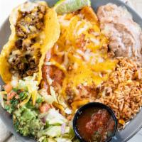 Tex-Mex Combo Plate · One crispy beef taco, guacamole, two cheese filled enchiladas topped with chile con carne an...