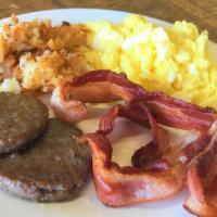 Cindy Sue'S Breakfast Scrambler · Hearty breakfast plate with three Eggs either fried or scrambled, two Sausage Patties (Pork ...