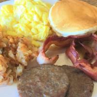 Breakfast Sampler · Hearty breakfast plate with 3 Eggs either fried or scrambled, 2 Sausage Patties, 2 pieces of...