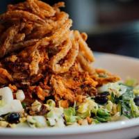 Bbq Chicken Chopped Salad · Hand-pulled and house-smoked BBQ chicken, romaine, iceberg, red leaf, tomatoes, cucumbers, b...