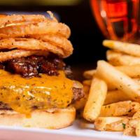 Smokehouse Burger* · House-smoked BBQ pulled pork shoulder, smoked provolone, BBQ bacon onion relish, Carolina mu...