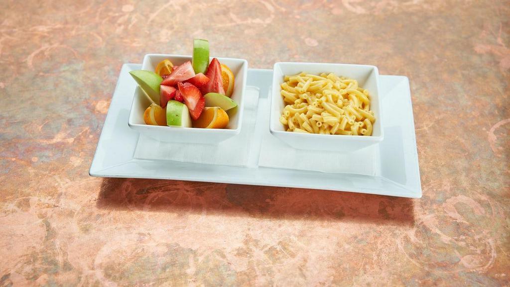 Mac N Cheese · Kraft macaroni and cheese.. Choice of fries or fruit cup.