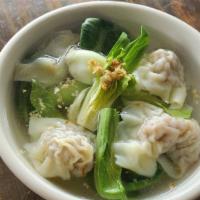 Wonton Soup · Clear broth soup with shrimp and pork wonton, bok choy, garlic, and green onion.