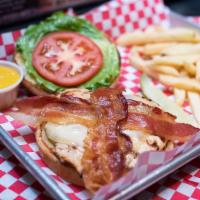 Grilled Chicken Club · Grilled chicken. Swiss, bacon, lettuce, tomato and honey mustard.