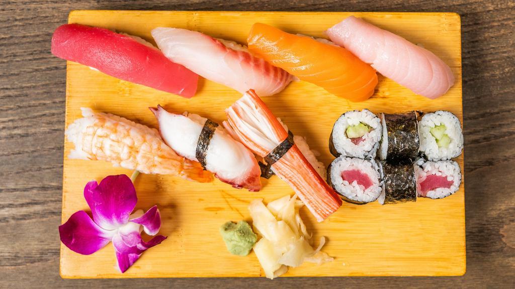 Sushi Platter C · 18 pcs two of each: tuna, yellowtail, octopus, crab, shrimp, salmon, white fish, and eel.