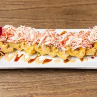 Malibu Roll · Cream cheese, avocado, spicy crab salad inside, then tempura fried, topped with crab salad, ...