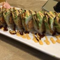 San Antonio Roll · Spicy crab, wrapped with avocado, and drizzled with eel sauce and spicy mayo.