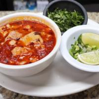 Menudo · Beef tripe with hominy.