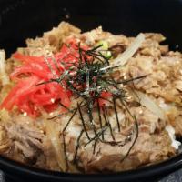 Gyudon · Steamed rice bowl topped with marinated beef, onion, soy sauce, beni shoga, egg, with udon s...