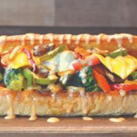 Veggie Philly · Sautéed broccoli, onions, red and green peppers, and mushrooms topped with Provolone cheese,...