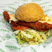 Buffalo Chicken Sandwich · Crispy chicken breast topped with buffalo sauce, Swiss cheese, ranch dressing, lettuce, and ...