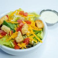 Side Salad. · Romaine hearts, tomato, cheddar cheese, croutons