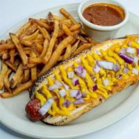 Hot Dog · Half pounds, all beef hot dog with cheddar cheese, mustard and red onions served with fries,...
