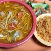 Tortilla Soup · Veggies and tortilla soup served with a side of pico de gallo and rice, or side salad.