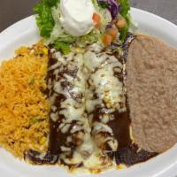 Mole Enchiladas (2) · Chicken fajita enchiladas covered with Mexican mole sauce, melted monterrey jack cheese and ...