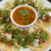 Taquitos Plazeros (5) · 5 Mini Tacos on Corn tortillas topped with fresh cilantro and onions. Served with a side of ...