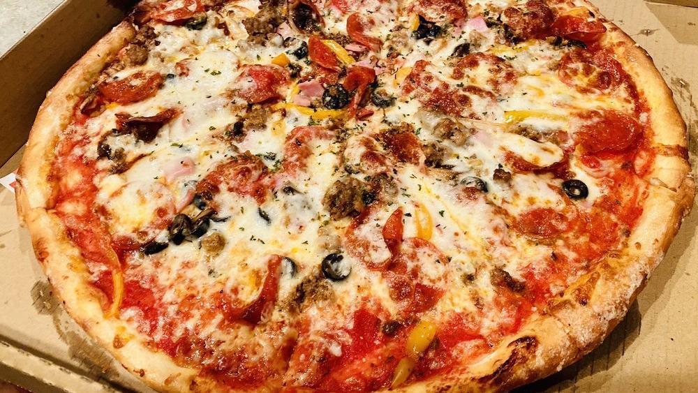 Supreme · Pepperoni, Hamburger, Canadian Bacon, Sausage, Bell Peppers, Onions, Black Olives, Mushrooms and Mozzarella