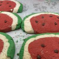 Watermelon Shaped Cookie · Traditional butter cookie flavored with three different flavors, lime, vanilla, and strawber...