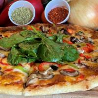 Veggie Pizzas · Marinara sauce, red and green bell peppers,  mushrooms, olives, tomatoes,onion, garlic and m...