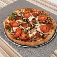 Bada Bing Pizza (16'') · Prosciutto, bacon, pepperoni, mozzarella, Roma tomato, spinach, and mushroom.