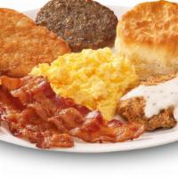 The Grand Platter · Three strips of bacon, scrambled eggs, hash brown, sausage patty, breakfast steak with gravy...