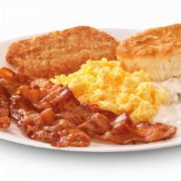 Scrambled Eggs Breakfast · Scrambled eggs with your choice of one meat (three-pieces of bacon, sausage patty, or breakf...