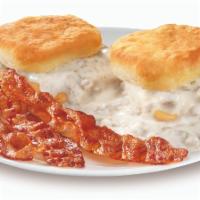 Biscuits & Gravy · Two biscuits with sausage gravy and your choice of one meat (three-pieces of bacon, sausage ...