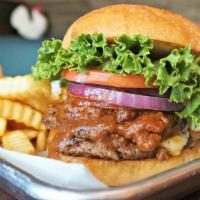 The Abel Burger · Two quarter-pound patties, grilled smashed, with cheese choice, loaded with the fixins and s...