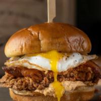Southern Fried Chicken Sandwich · hand-breaded fried chicken breast, candied bacon,. fried egg, home-made pimento cheese, toas...