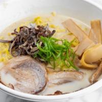 Tonkotsu Ramen · Pork broth, chashu pork, egg, bamboo shoot, wood ear mushroom, and scallion.