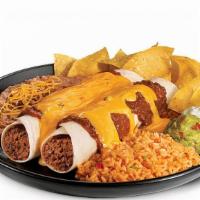 Beef Chilada Platter · Two Beef Chiladas, rice, beans, sour cream, guac, and a small bag of chips