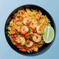 Shrimp Fried Rice · Long grain aromatic rice wok tossed with shrimp, mixed vegetables and Indo-Chinese sauces.