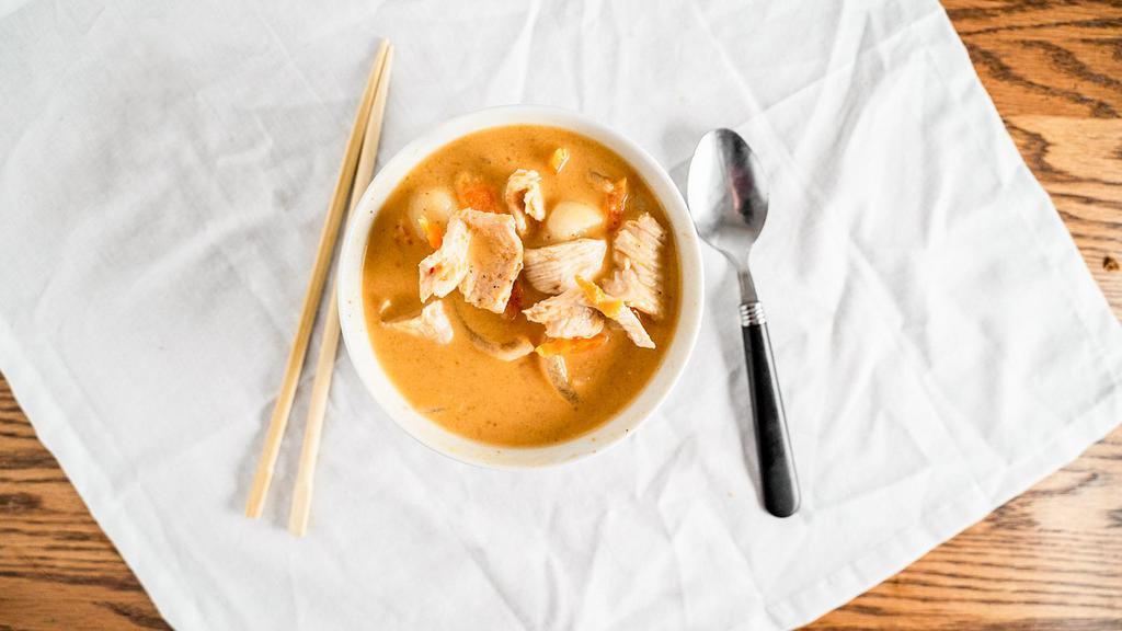 Massaman Curry · A thin consistency Thai curry. Coconut Milk Base Curry, flavorful with spices and fish sauce.  The most 