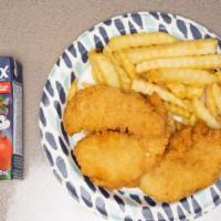 Chicken Tenders · 4 pieces of chicken tenders served with fries and any kids juice.