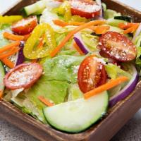 Garden Salad · Iceberg lettuce, grape tomatoes, carrots , cucumbers, red onion, Pepperoncini Peppers, Itali...