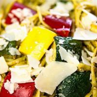 Linguine Pesto With Vegetables · Linguine pasta  tossed with a rich basil pesto olive oil, roasted vegetables; zucchini, squa...