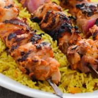 Chicken Kabab Plate · Two skewers, cut into chicken cubes, marinated in spices, on grill with green pepper, tomato...