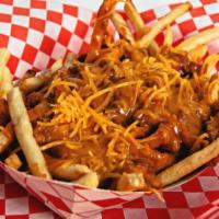 Chili Cheese Fries · Fries with chili beans topped with shredded cheese.