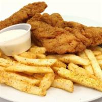Chicken Tenders & Fries · Our Crispy tenders can be plain or dipped in your favorite sauce and they come with our Caju...