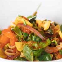 Fettuccine  Primavera · With fresh vegetables and spinach in light olive oil tomato sauce.