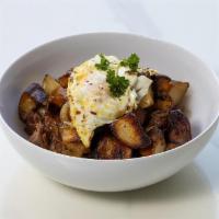 Short Rib Hash · Caramelized onion, jalapenos, roasted potato, two fried eggs, au jus