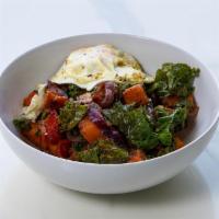 Sweet Potato Hash · Red bell peppers, onions, kale, two fried eggs, sweet chili sauce